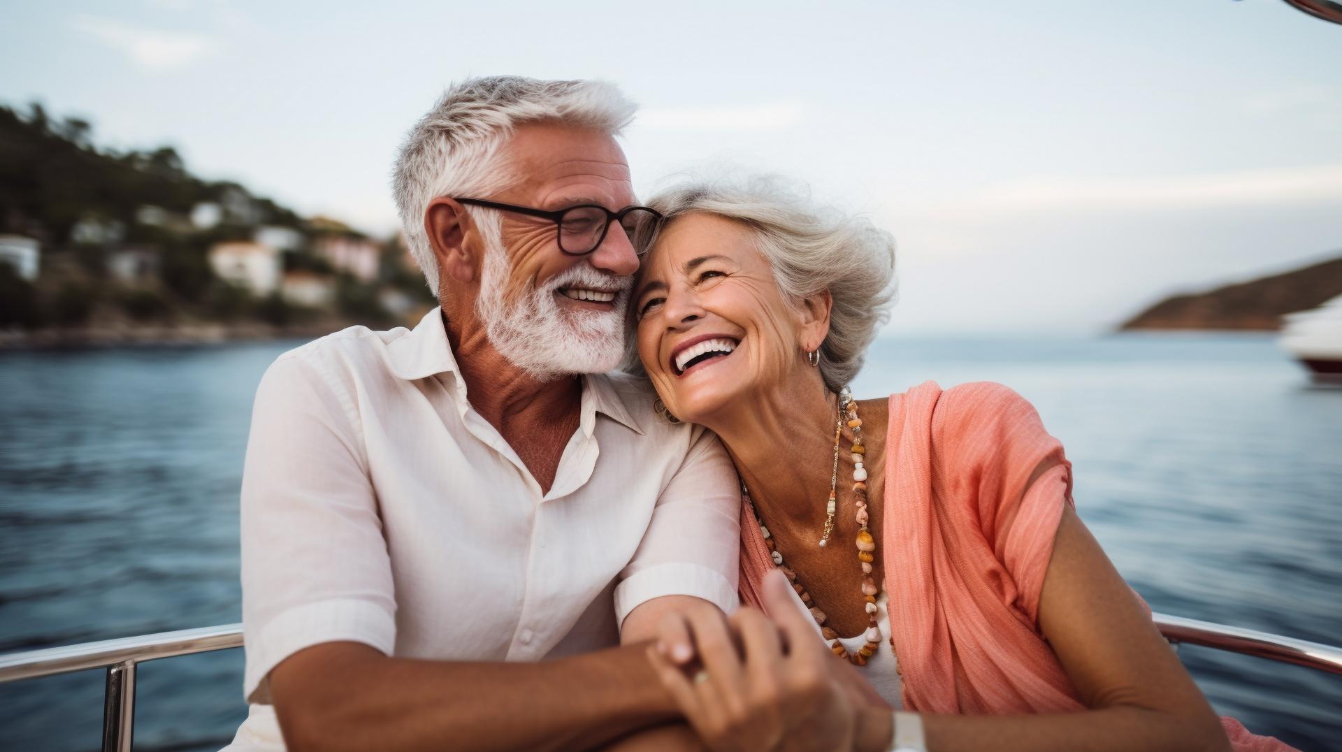 Skrattande äldre par